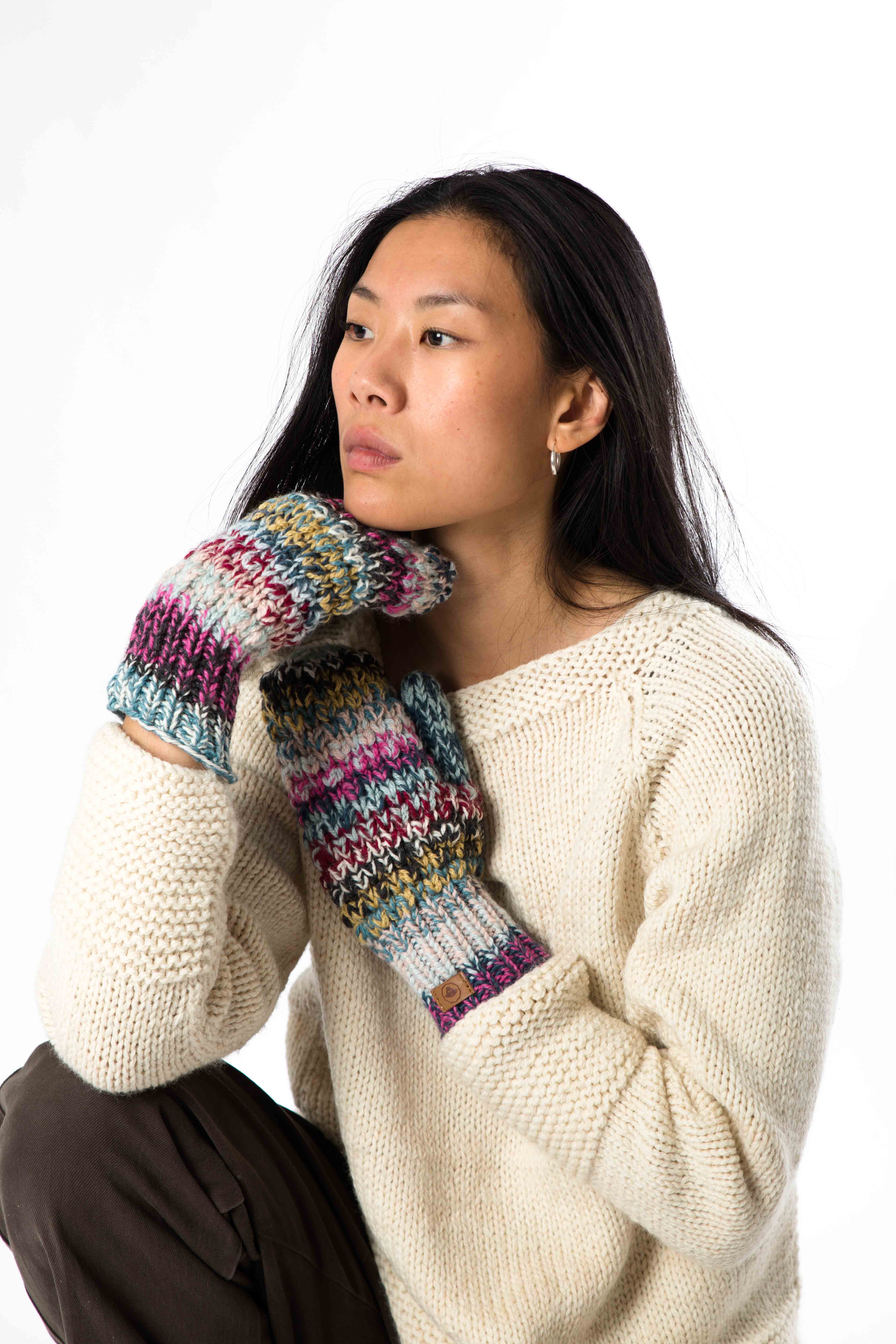 Skandinavische Wollstrickhandschuhe Perlstrick "Queen" aus Lammwolle mit Fleece