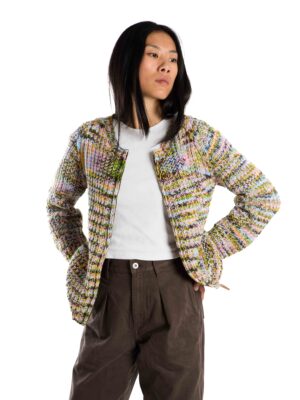 Handgestrickter Woll-Cardigan "Sol" Multicolor / Creme weiss