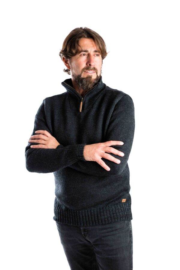 Merinowolle-Pullover "DAI" mit Zipper im Perlstrickmuster