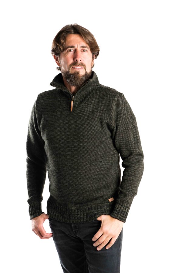 Merinowolle-Pullover "DAI" mit Zipper im Perlstrickmuster