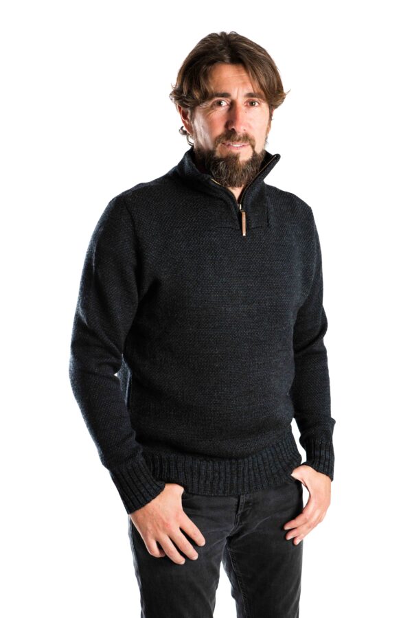 Merinowolle-Pullover "DAI" mit Zipper im Perlstrickmuster