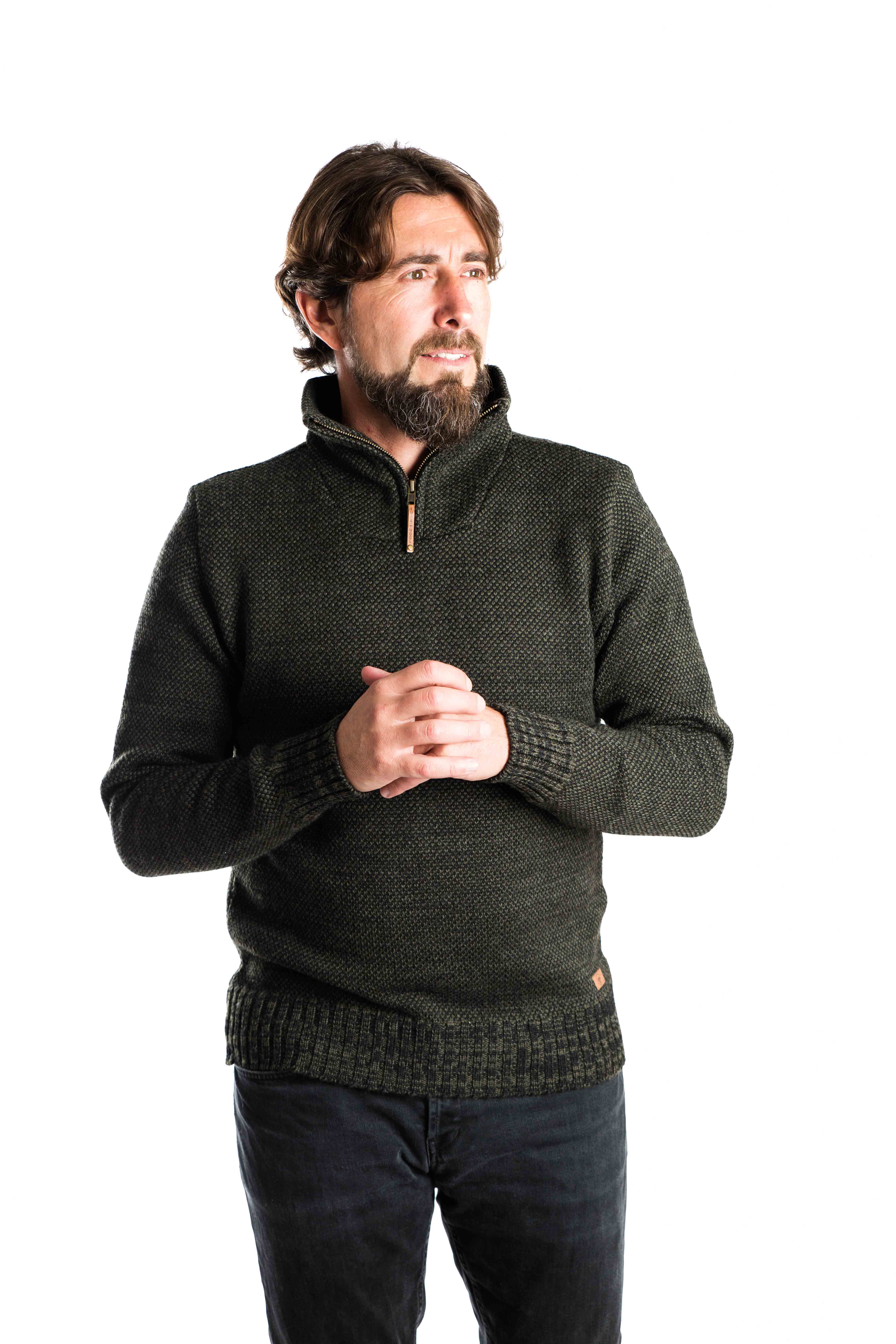 Merinowolle-Pullover "DAI" mit Zipper im Perlstrickmuster