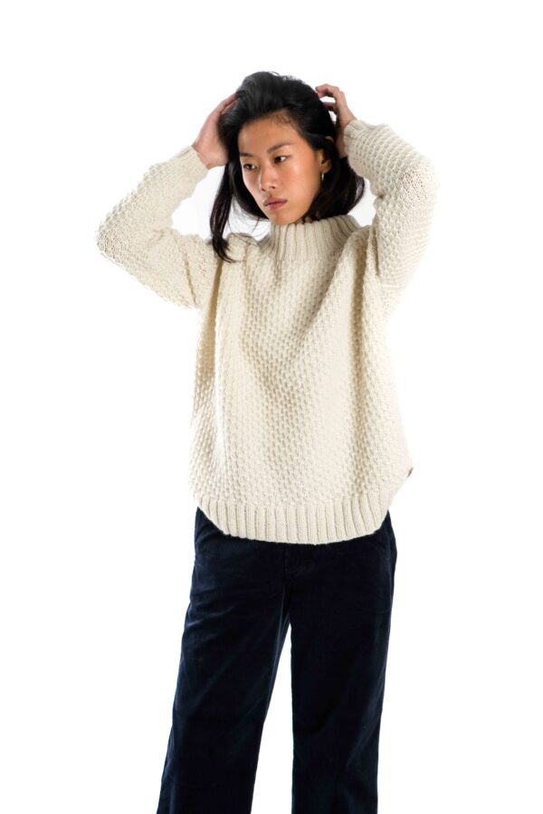 Skandinavischer Merinowolle-Pullover "Butterfly" Rundhals Handgestrickt WEISS