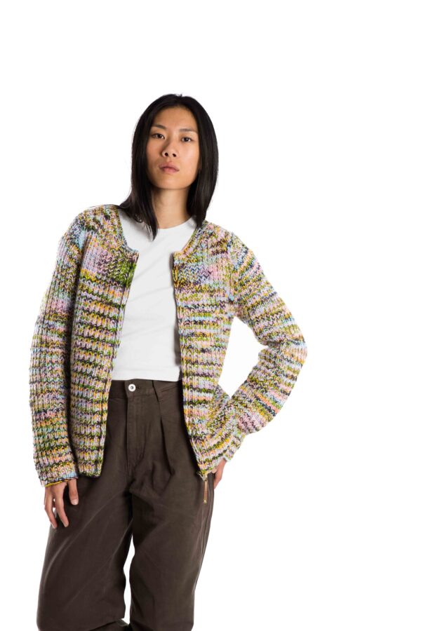 Handgestrickter Woll-Cardigan "Sol" Multicolor / Creme weiss