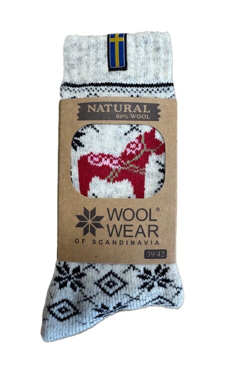 Schwedische Dalapferd Weihnachtssocken "Dalahäst" 80 % Lammwolle