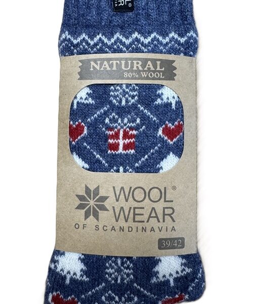 Weihnachtssocken "Hjertegave" mit Geschenk Herz Motiv, Blau, 80 % Lammwolle